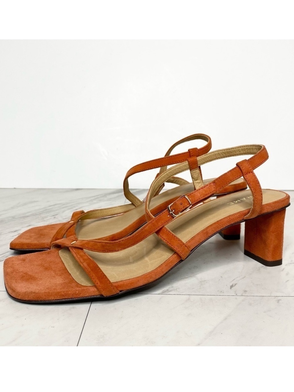 Frame Le Braxton Strappy Orange Suede Sandal 7